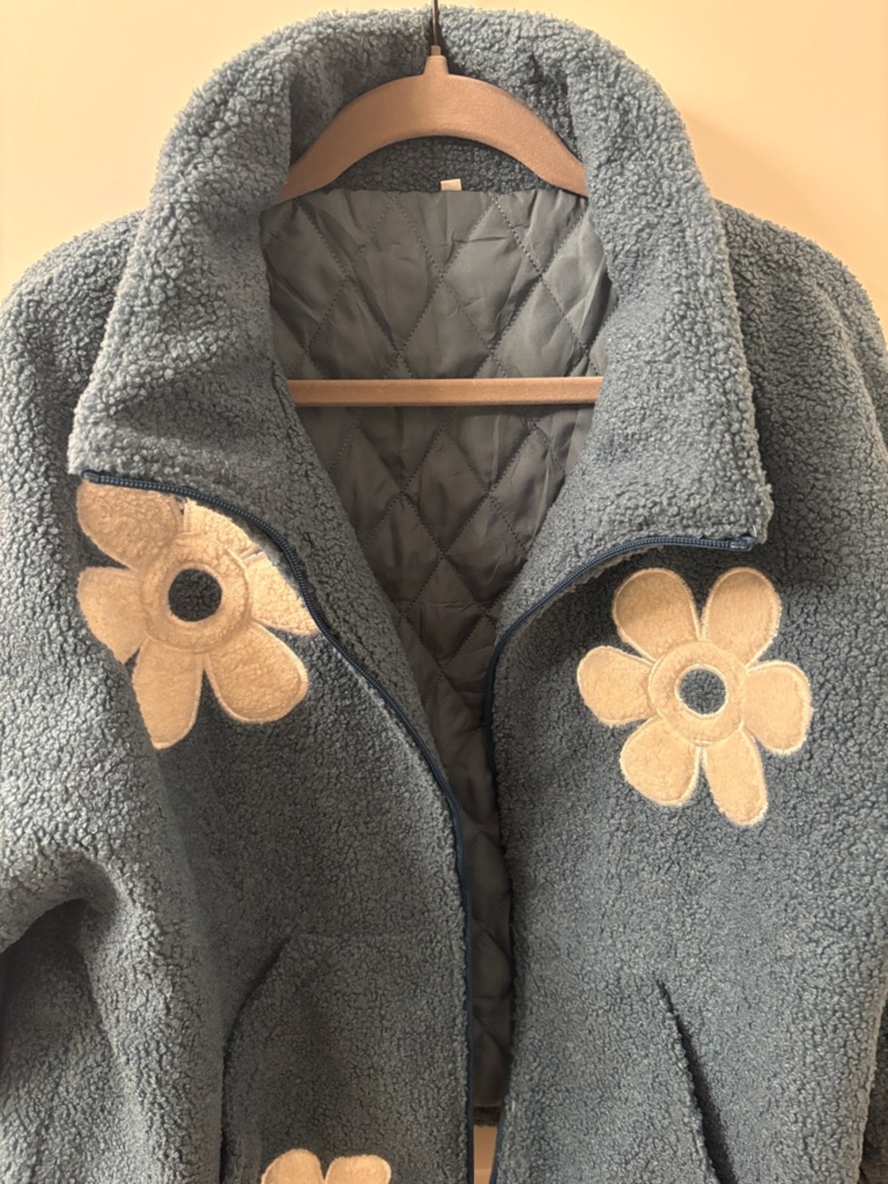 Cozy Blue Sherpa Jacket with White Flower Appliqués - Picture 2 of 2